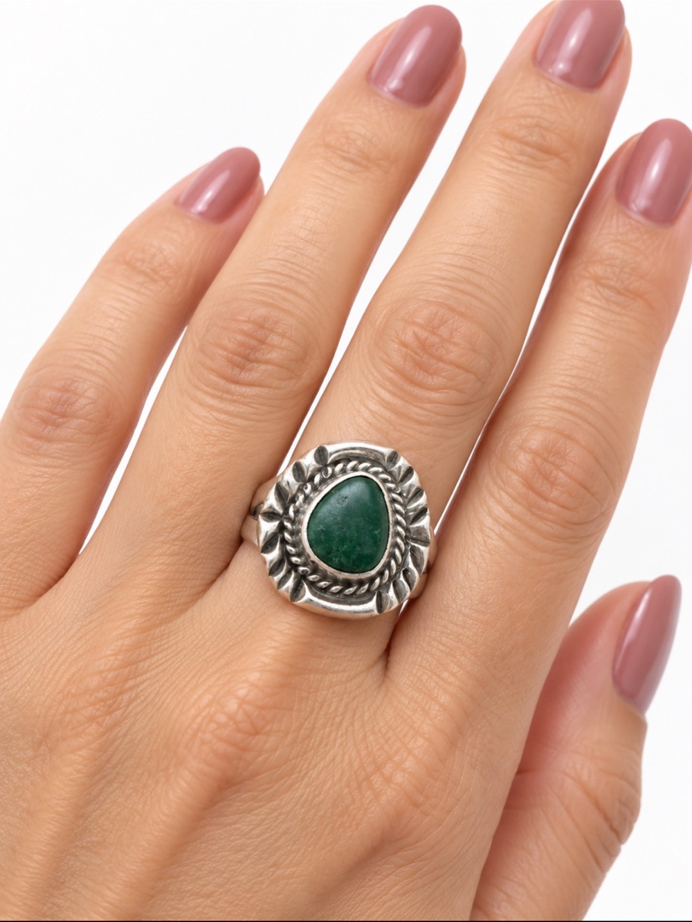 Vintage Malachite Silver Ring Green Cabochon Southwestern Split Shank Sz 6